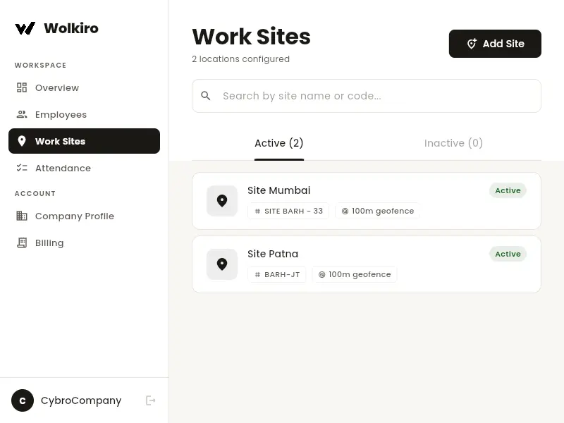 Wolkiro admin dashboard showing employee attendance overview