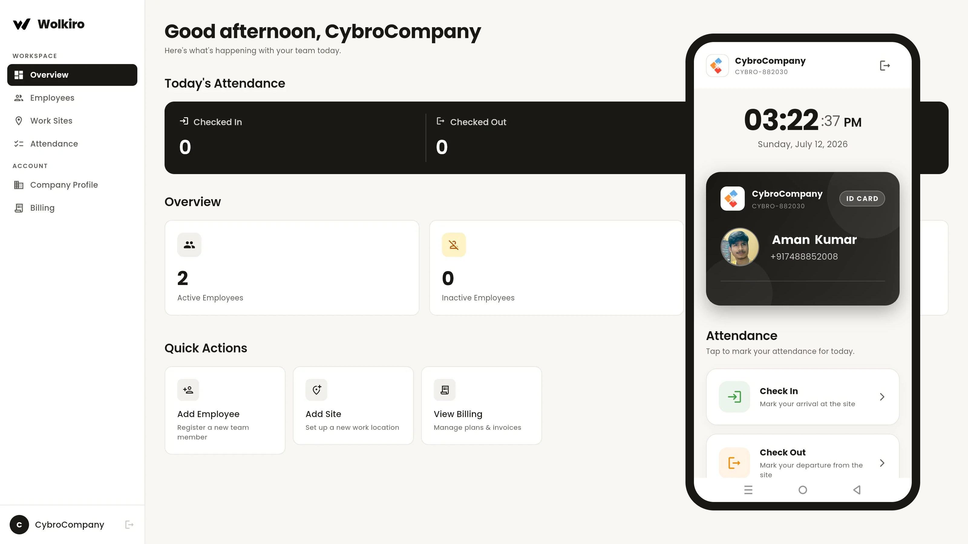 Wolkiro admin dashboard showing employee attendance overview